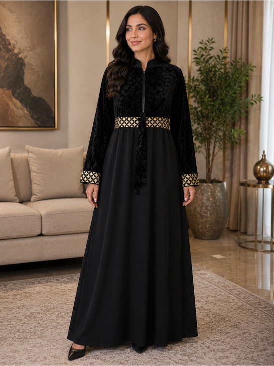 Turkey Dresses & Skirts - Abaya Elegant Black Maxi Dress with Gold Trim belted half zip